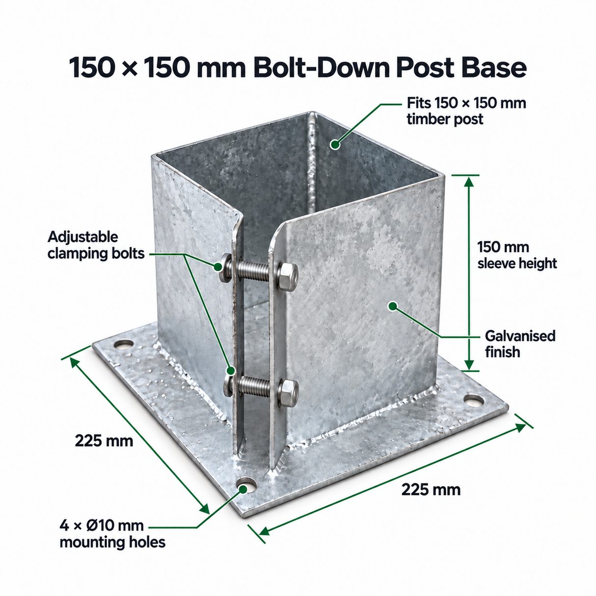 Set of 6x 150×150mm Bolt Down Base Plates with 24 Fixings