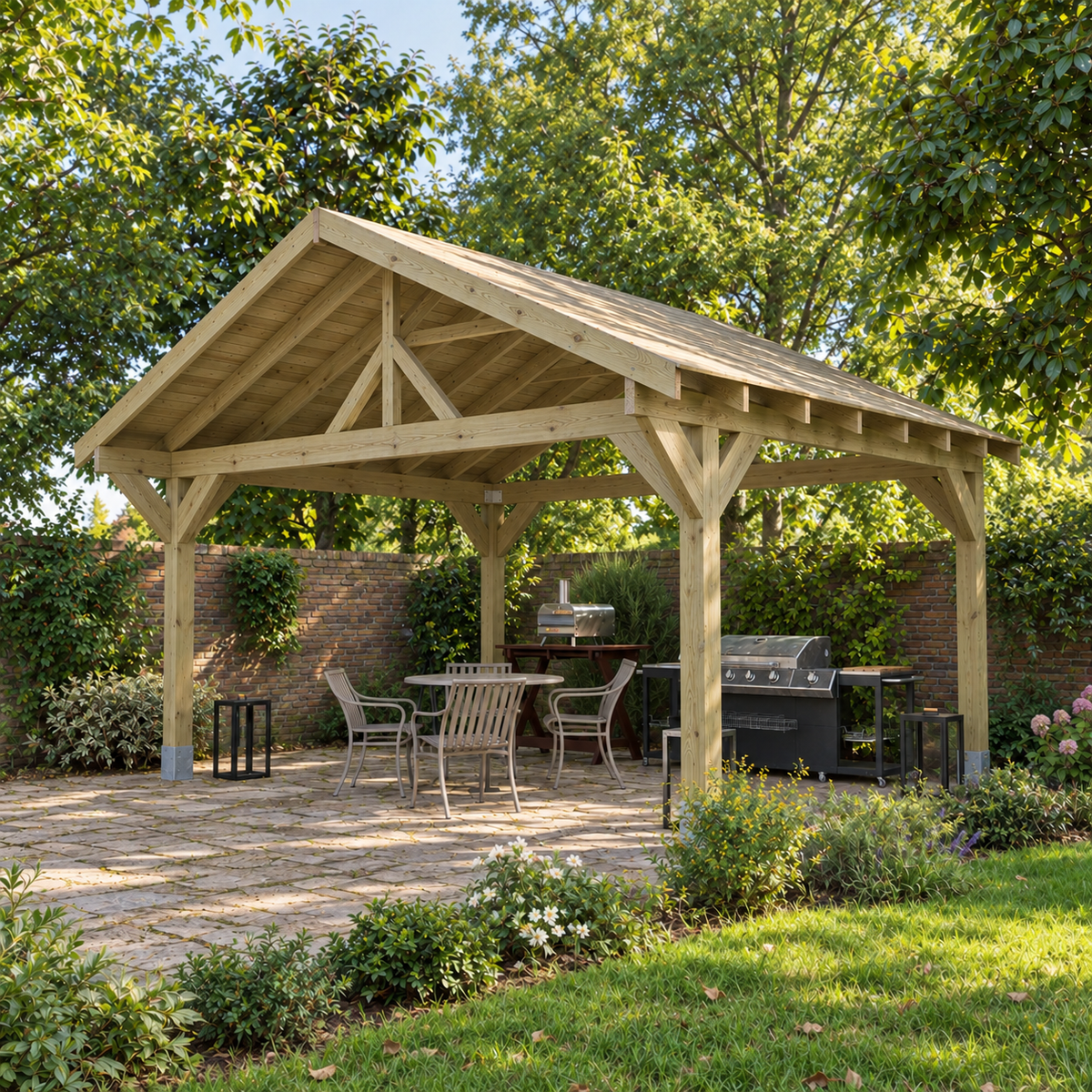 A large wooden garden gazebo with a pitched roof and open sides, shown installed on a stone patio in a landscaped back garden with trees, lawn, patio furniture, and a grill.