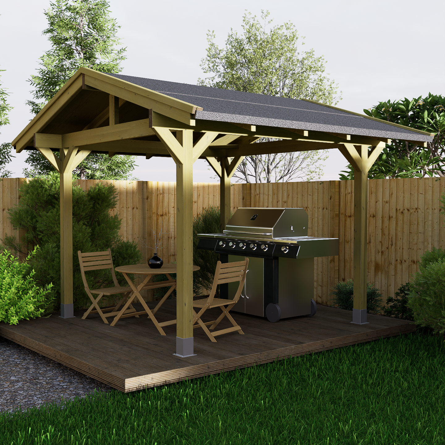 Timber gazebo with felt roof covering