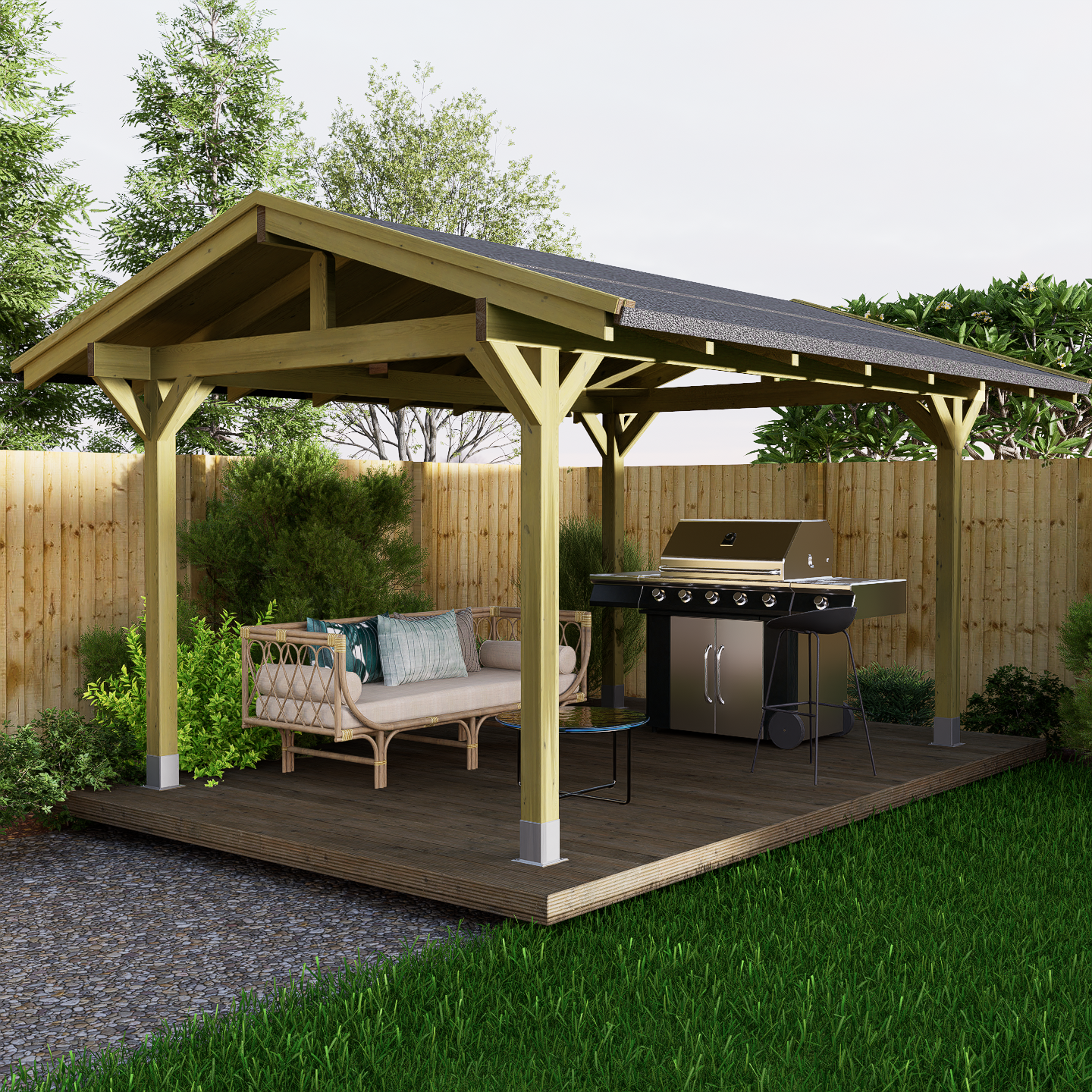 Wood garden gazebo with bbq and furniture