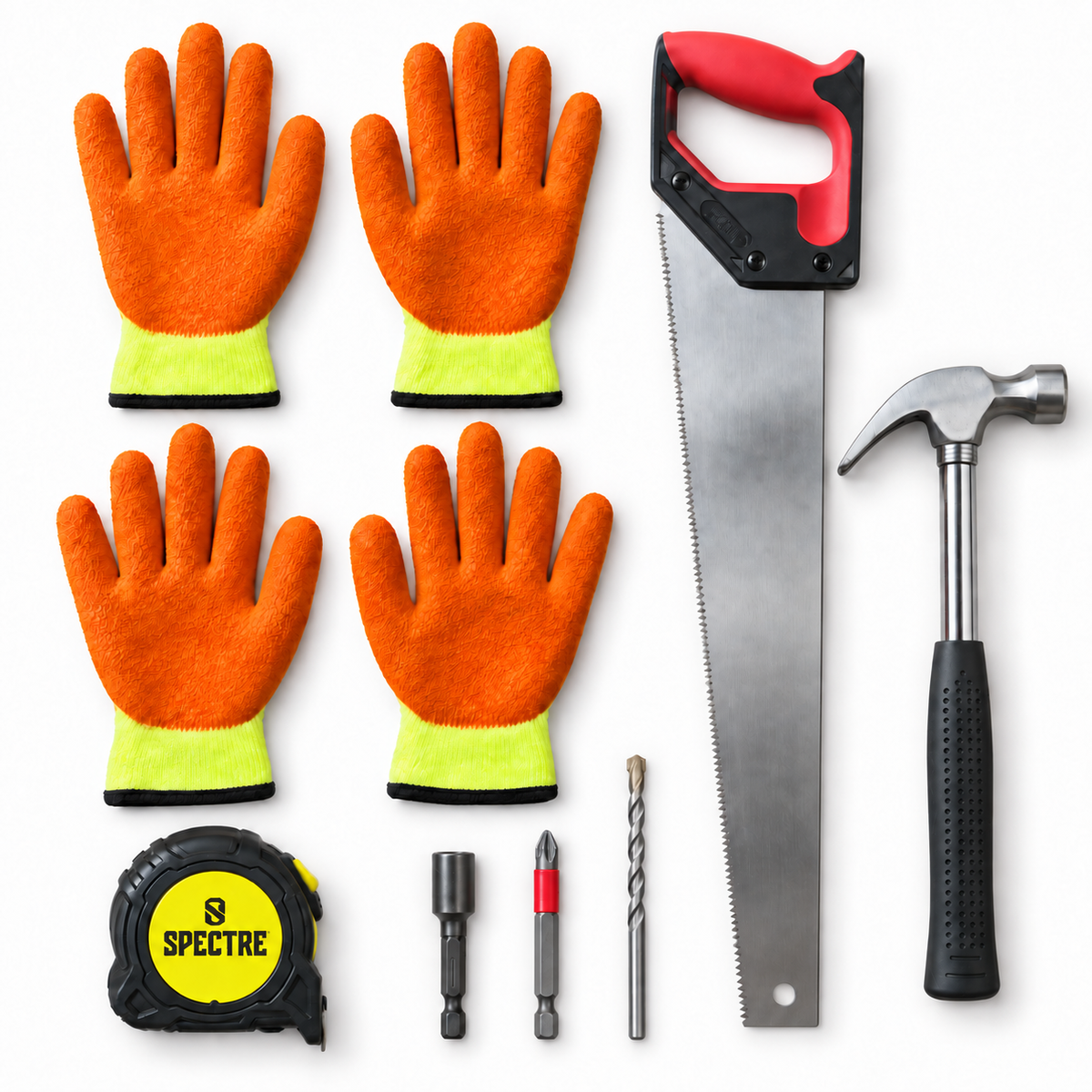 DIY Builder Tool Bundle – Gloves, Tape Measure, Drill Bits, Saw & Hammer