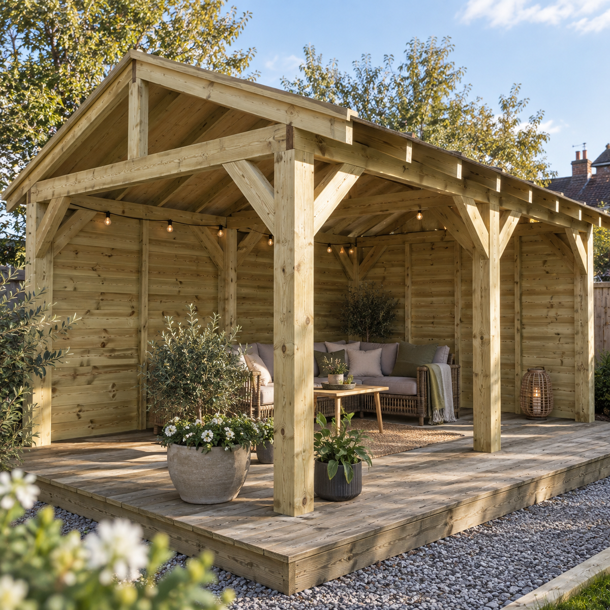 A large wooden garden gazebo and solid side panels with an attached seating area, shown in a landscaped UK Garden. The structure features a pitched roof, side walls, a raised wooden deck, and warm string lights.
