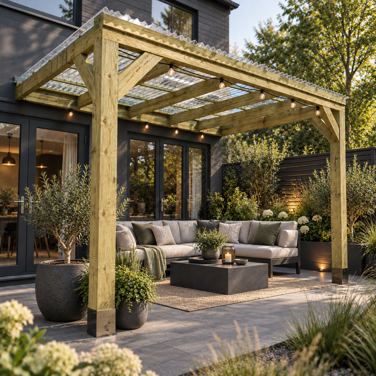 A wooden pergola with a corrugated clear pvc roof over a modern outdoor patio seating area, featuring a gray sectional sofa, coffee table, and potted plants in a landscaped garden.