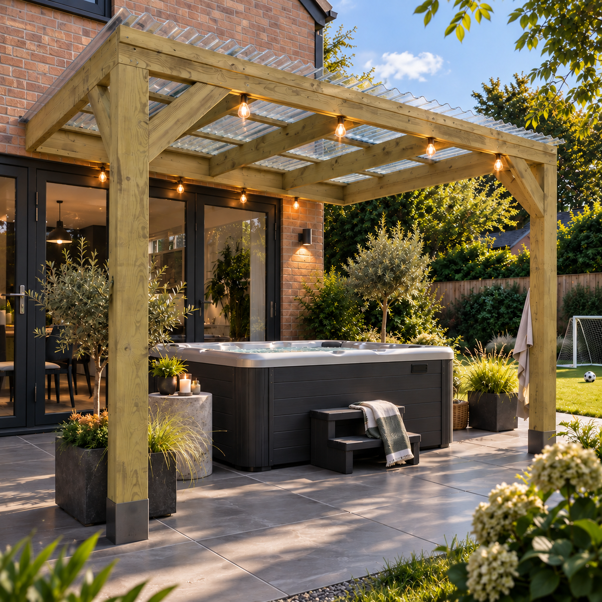 A wooden lean to pergola with clear roof, integrated string lights is installed over a dark gray hot tub in a landscaped backyard patio setting.