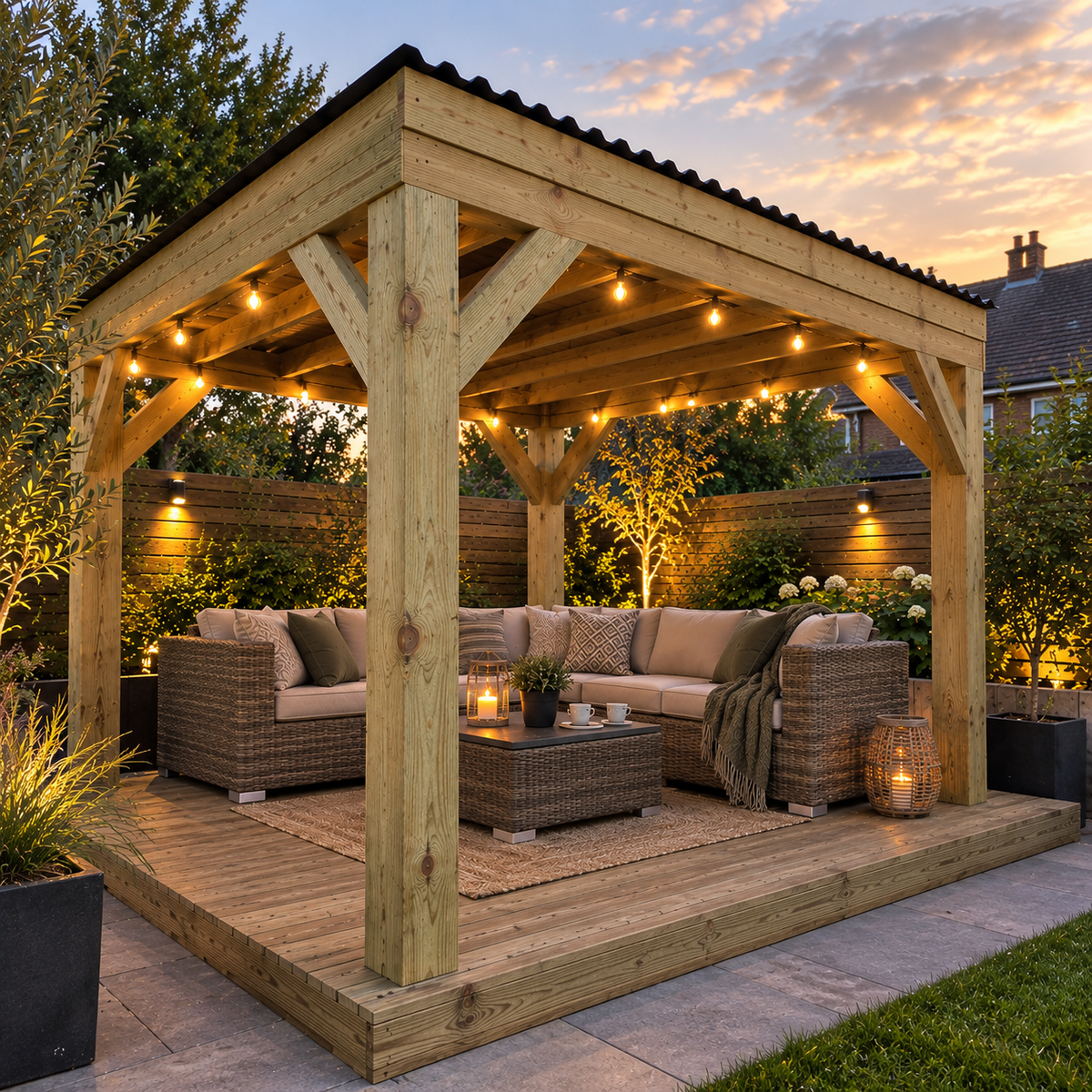 A large wooden garden pergola with black roof, integrated string lights, supporting an outdoor patio set with wicker sofas, a coffee table, and a rug in a landscaped backyard at dusk.