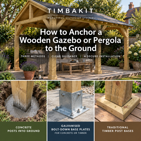How to anchor a Wooden gazebo or pergola to the ground. posts anchored to the ground using concrete, galvanised bolt-down base plates and traditional timber post bases