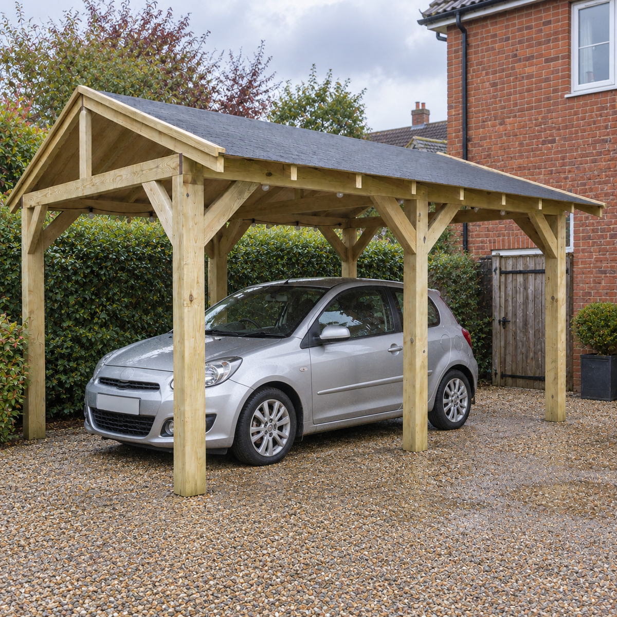 A wooden gazebo carport with a dark grey shingle roof is shown in a UK garden setting, sheltering a silver hatchback car on a gravel driveway next to a brick house.