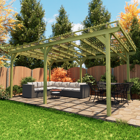 5.4m x 3m freestanding wooden pergola with clear corrugated roof