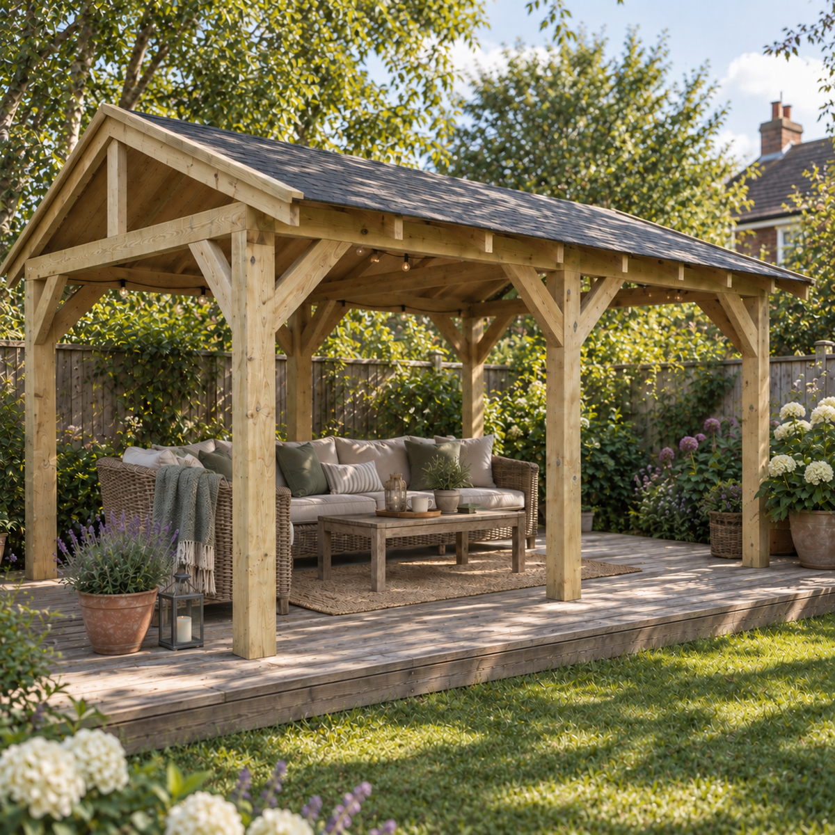 Heavy Duty Wooden Gazebo onto UK garden wooden deck and rattan furniture