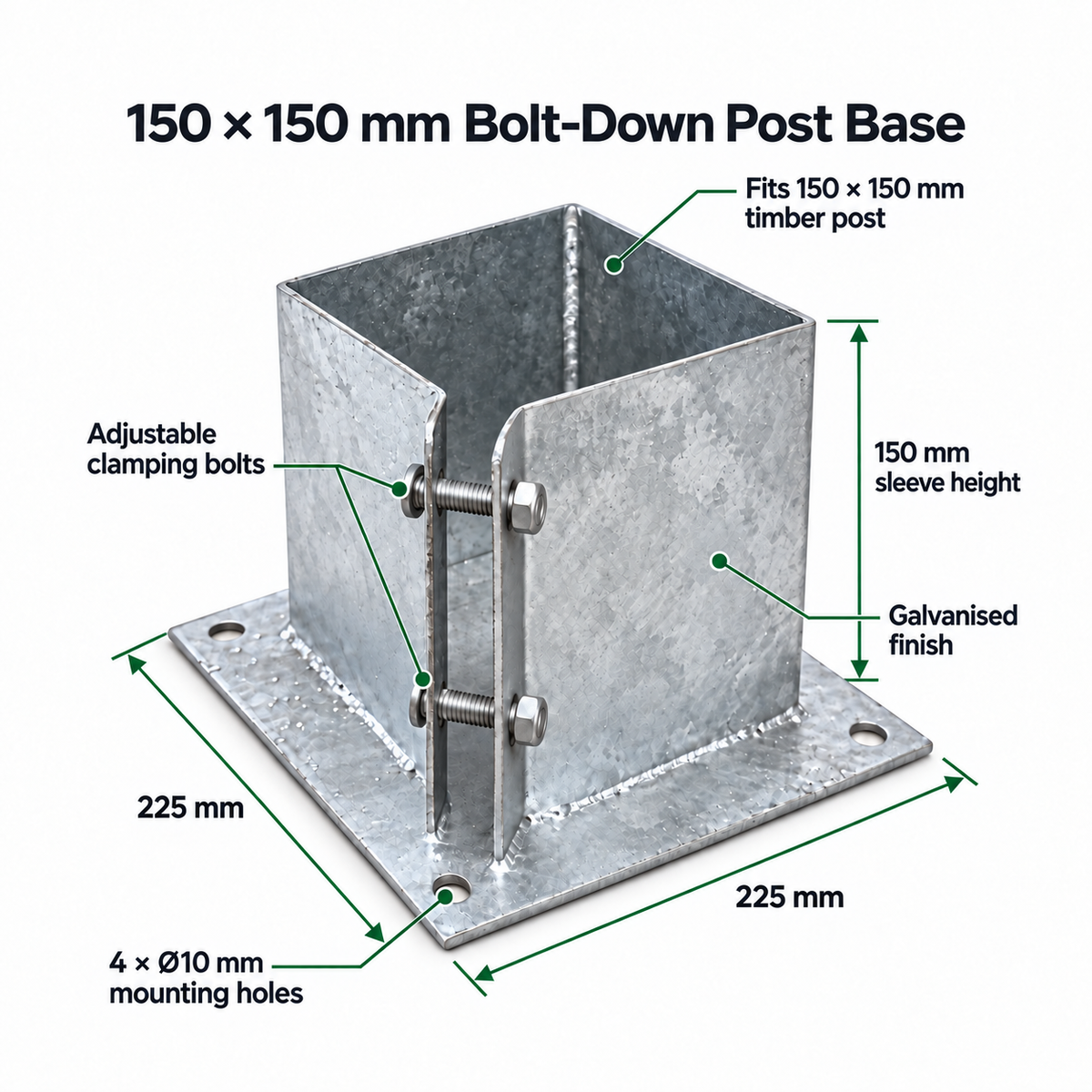 Set of 6x 150×150mm Bolt Down Base Plates with 24 Fixings