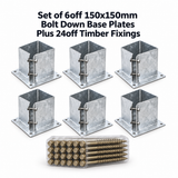 Set of 6x 150×150mm Bolt Down Base Plates with 24 Fixings
