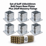 Set of 6x 150×150mm Bolt Down Base Plates with 24 Fixings