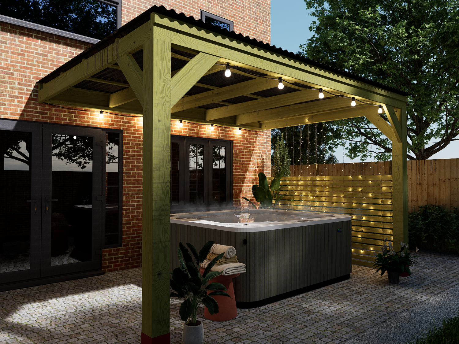 Chunky Wooden Lean to Box Pergola with Black Roof | Wychwood Black