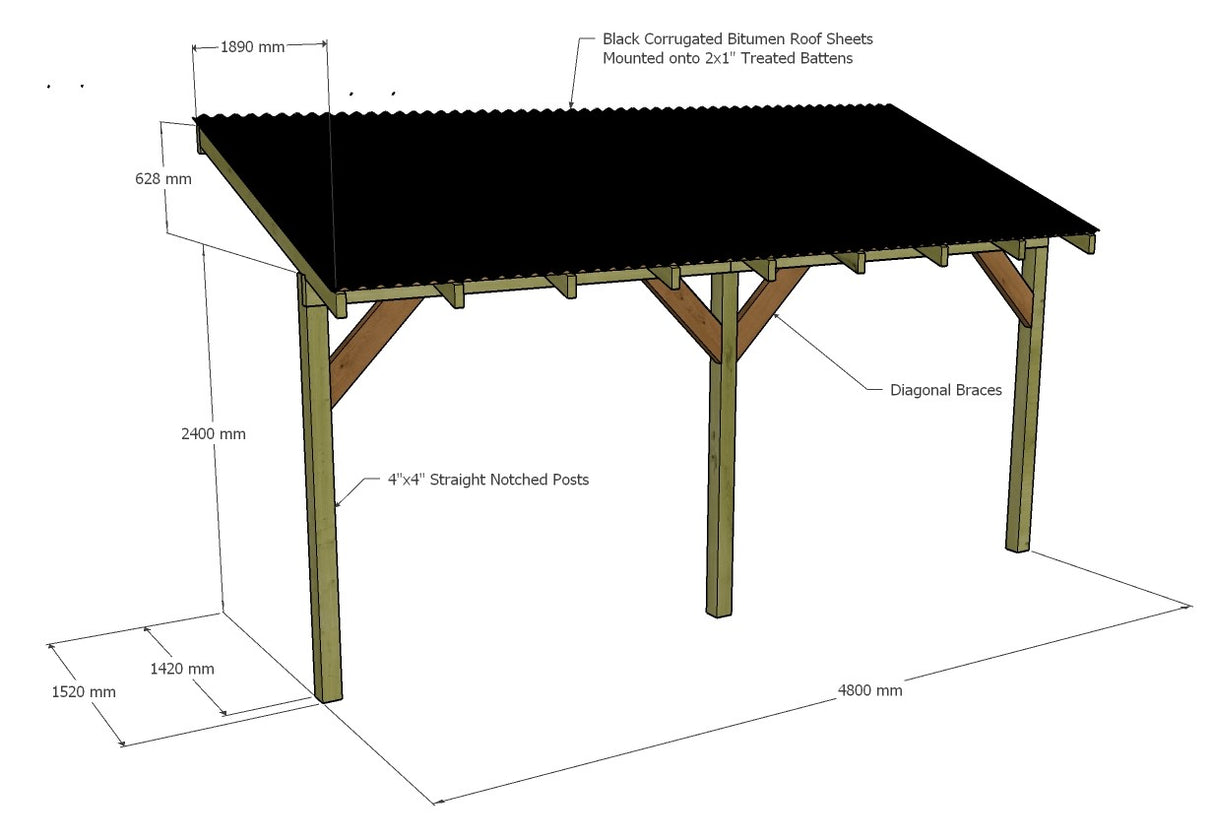 Wooden Lean to Gazebo with Black Corrugated Roof | Brampton Black