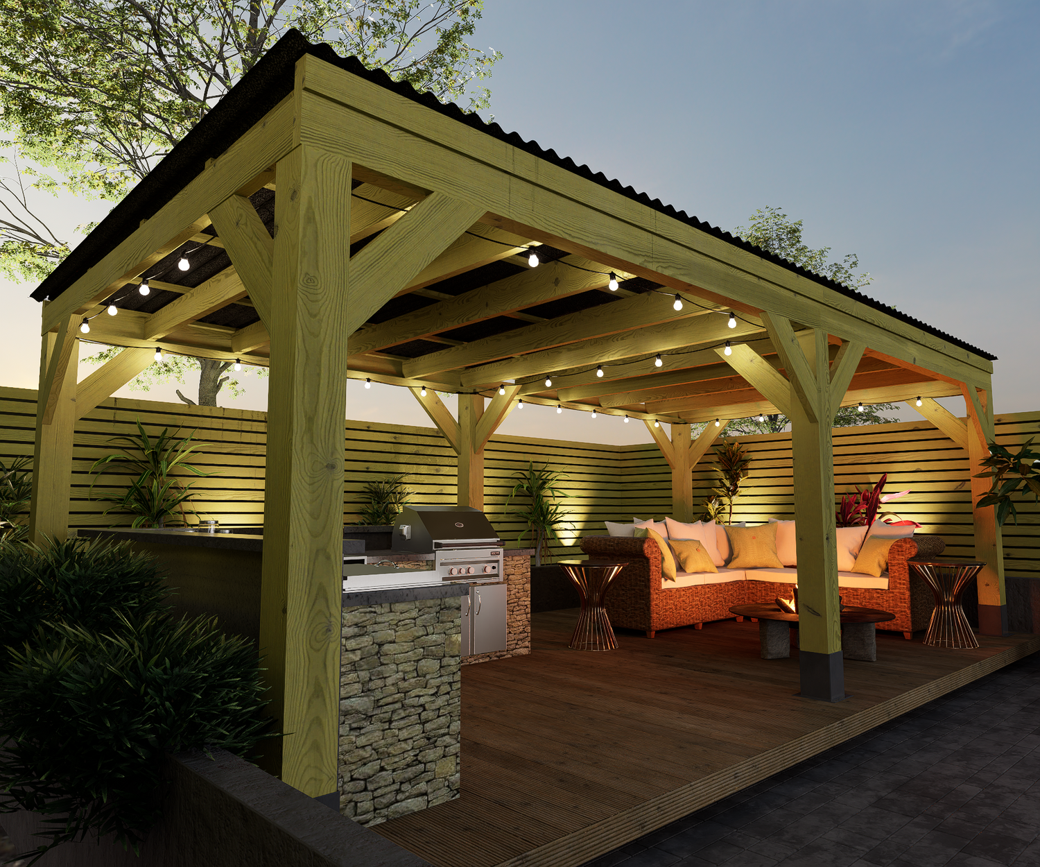 Chunky Wooden Box Pergola with Black Roof | Wychwood Black