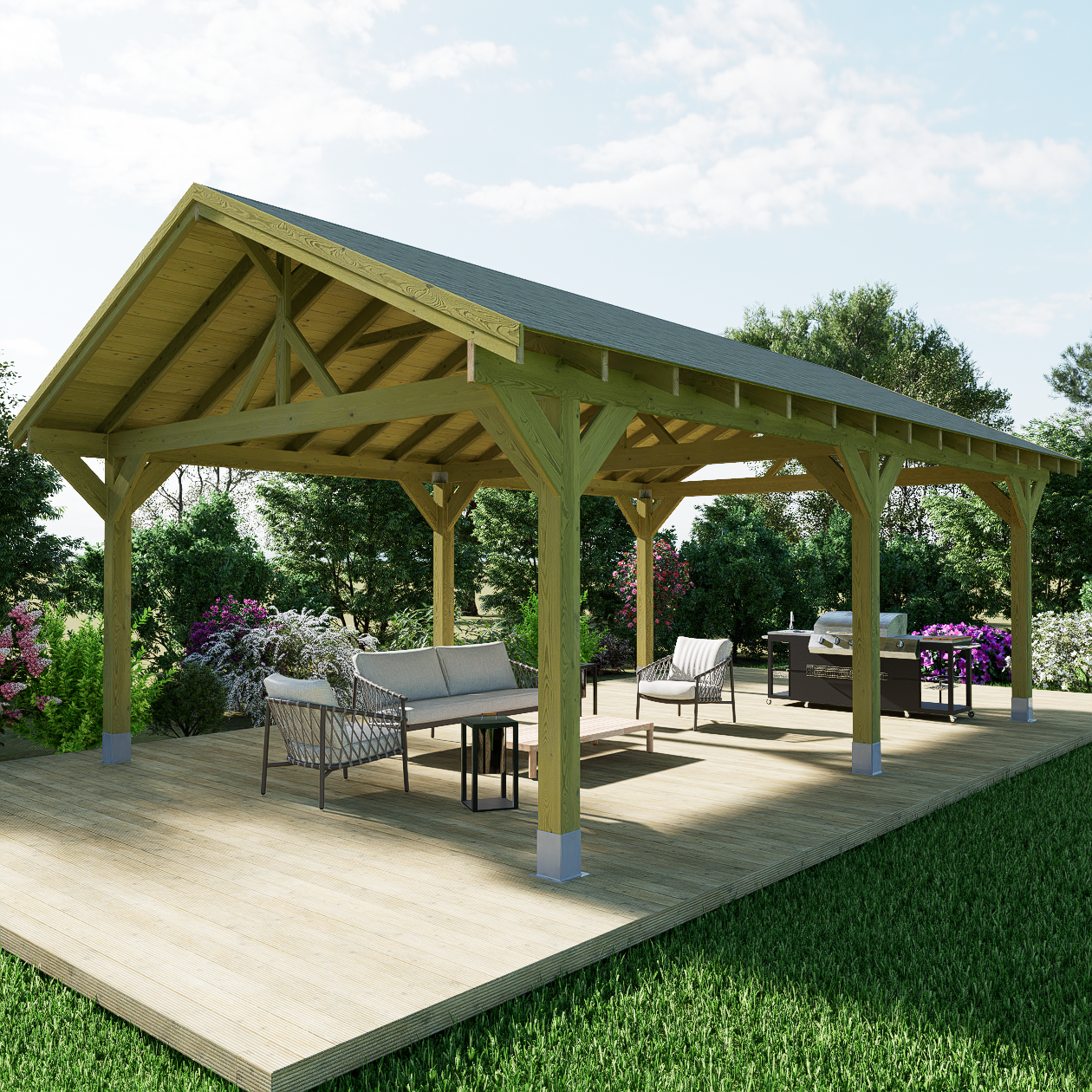 large wooden gazebo with overhang roof tongue and groove roof slats and shingle roof covering