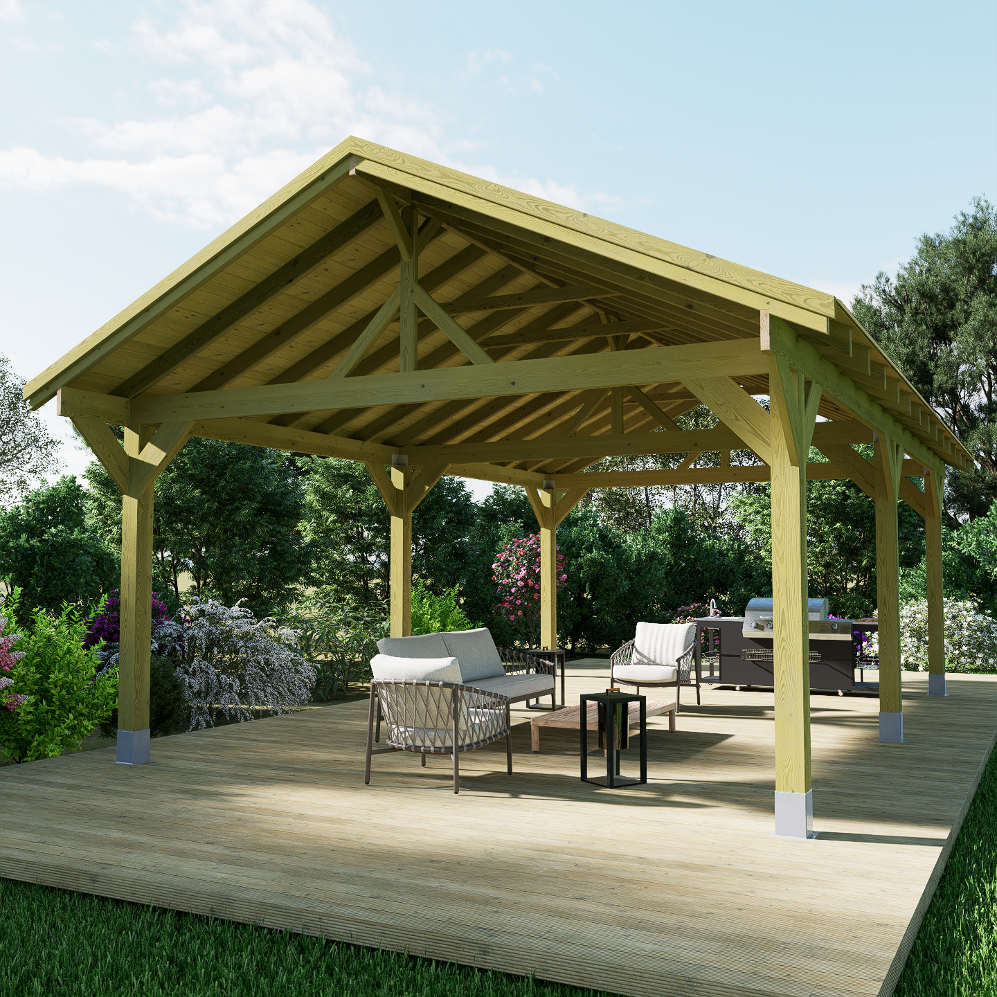 large timber gazebo kit with roof overhang and tongue and groove slat roof boards