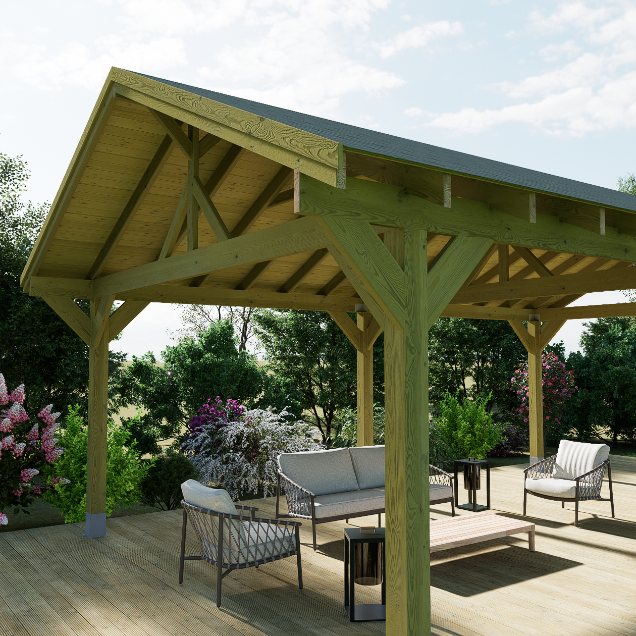 Large Wooden Gazebo with Roof Overhang