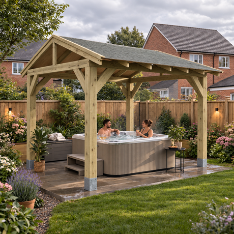 A large wooden gazebo-style patio cover with a grey felt shingle roof over a hot tub, with two people sitting inside in a landscaped back garden. The scene includes grass, flowers, a wooden fence, and neighboring houses under a cloudy sky.