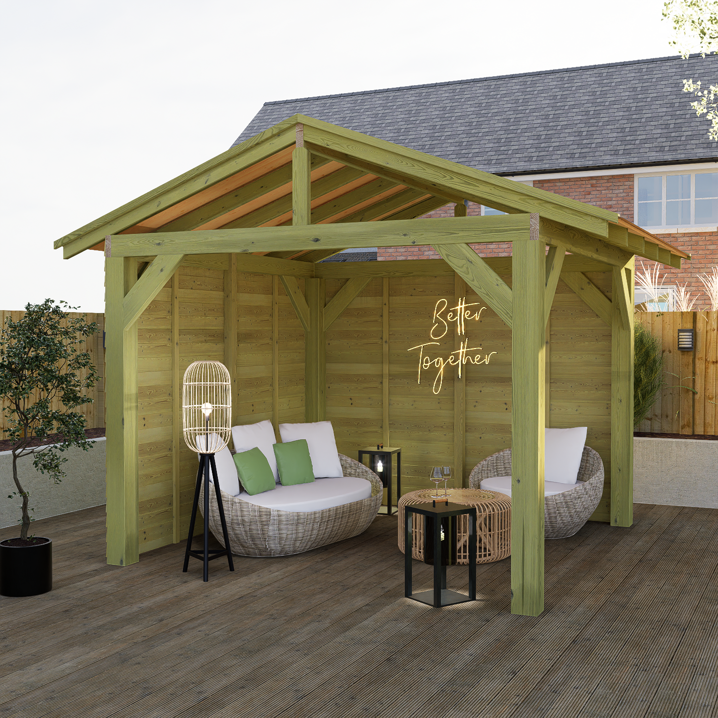 wooden gazebo with 2 sides