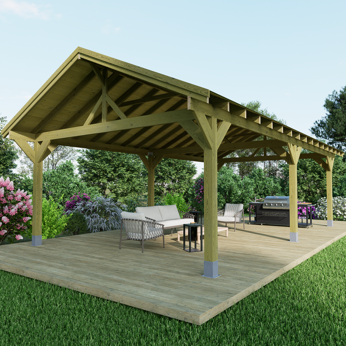 large timber gazebo frame with slat roof and felt shingles