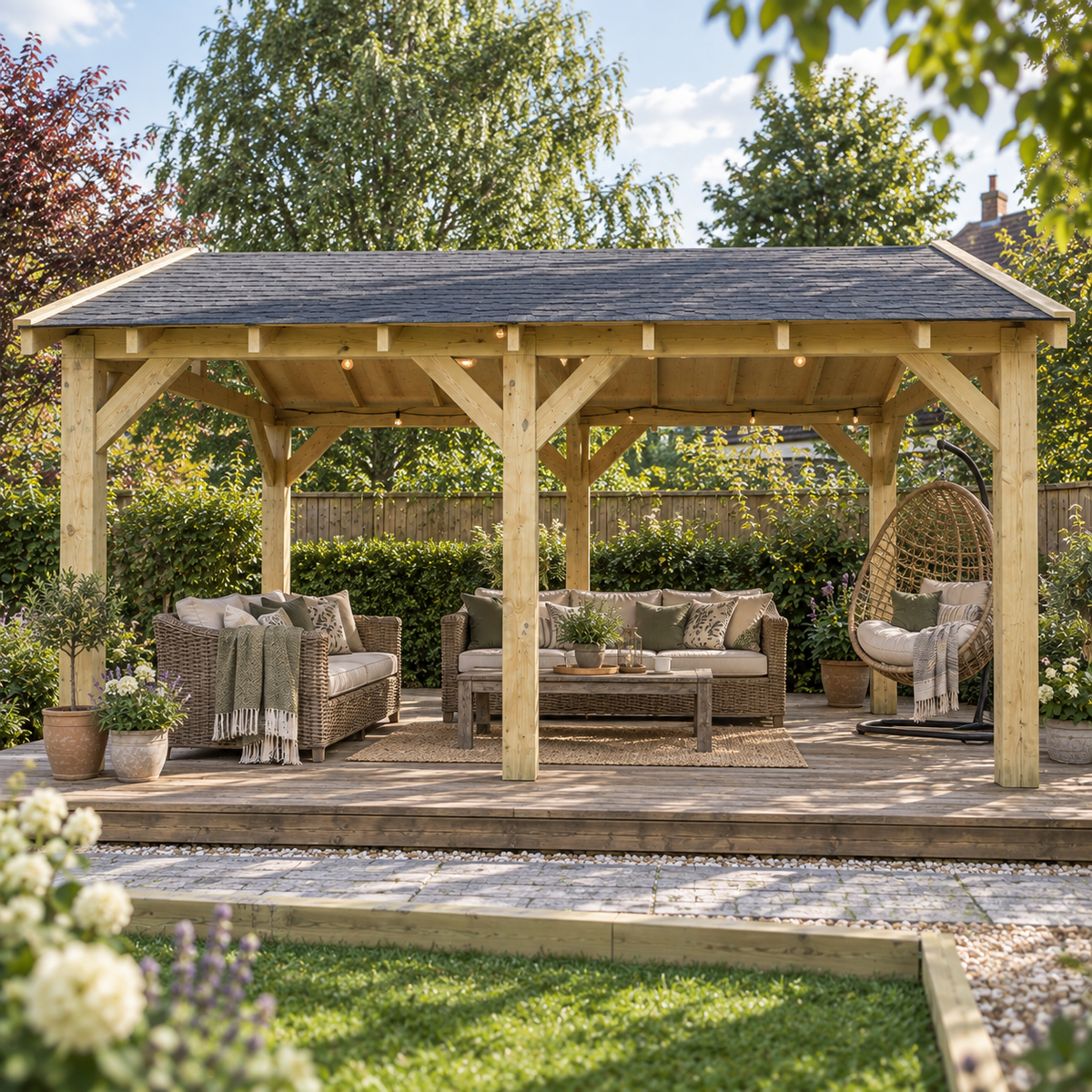 A large wooden garden gazebo with a dark shingle roof shelters an outdoor seating area with wicker sofas, a coffee table, and a hanging egg chair, set in a landscaped garden.