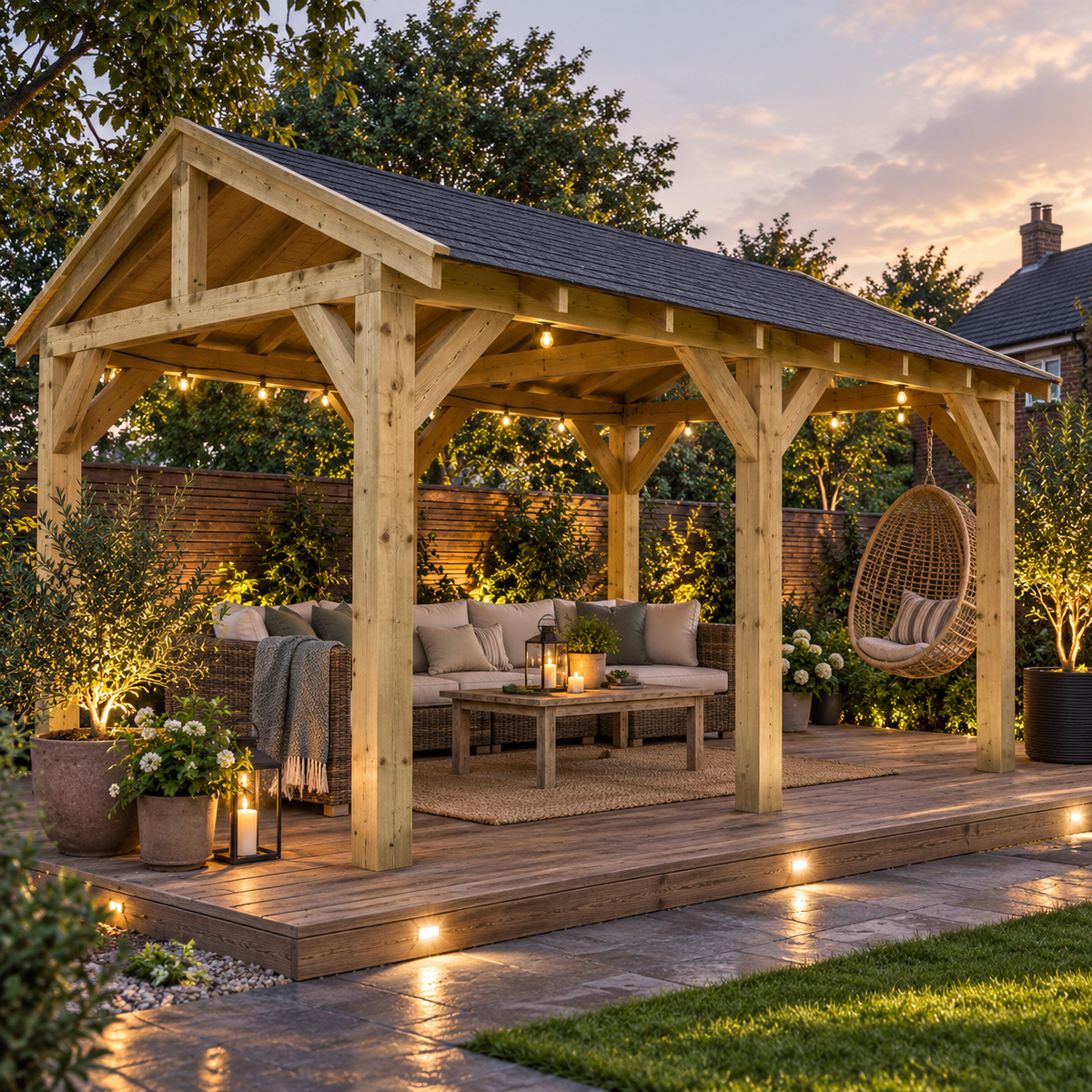 Apex Plus heavy-duty wooden gazebo with pitched shingle roof, 150mm timber posts and outdoor seating in a landscaped UK garden at dusk.
