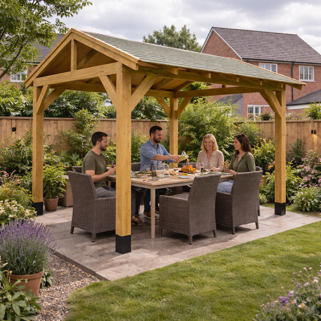 People sitting at a dining table under a wooden gazebo in a garden setting.