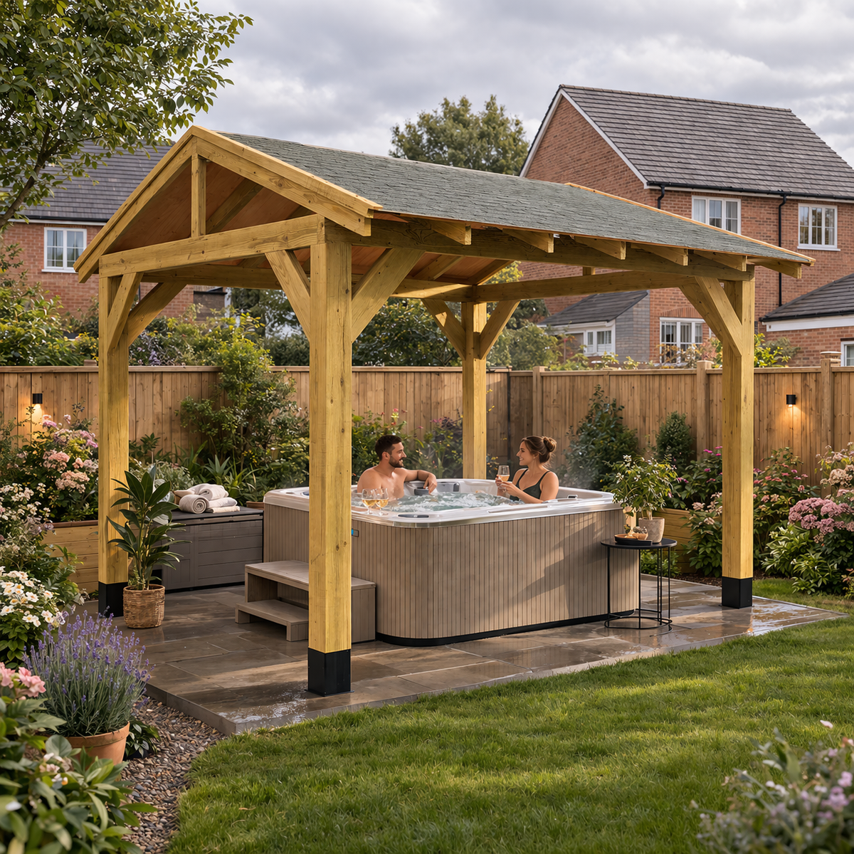Two people in a hot tub under a wooden gazebo in a garden setting.