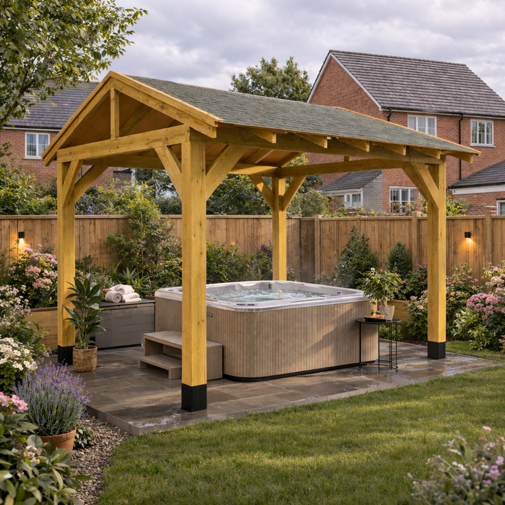 wooden gazebo with hot tub spa
