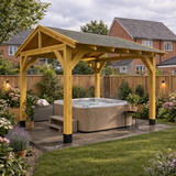 wooden gazebo with hot tub spa