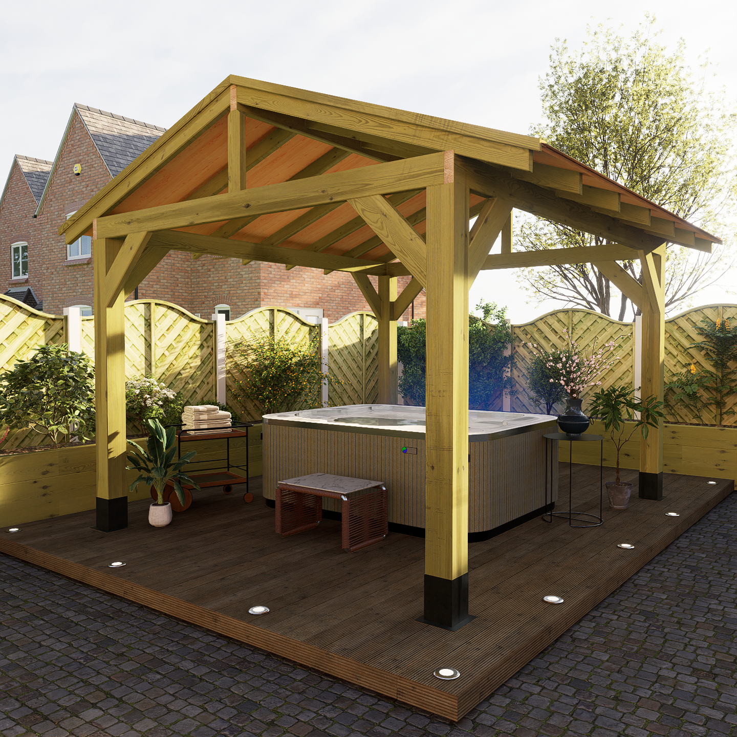 Wooden gazebo featuring chunky corner posts