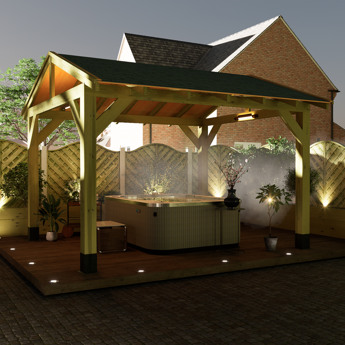 Wooden gazebo featuring hot tub