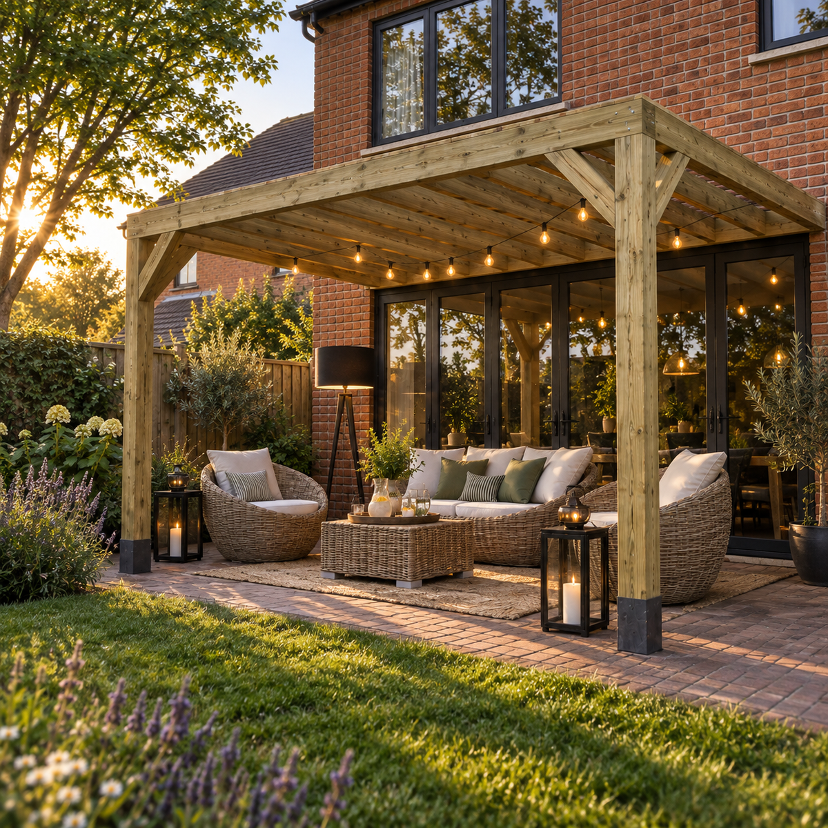A wooden lean to box pergola with integrated string lights shelters a wicker patio set with cushions, situated on a paved backyard terrace in front of a brick house.