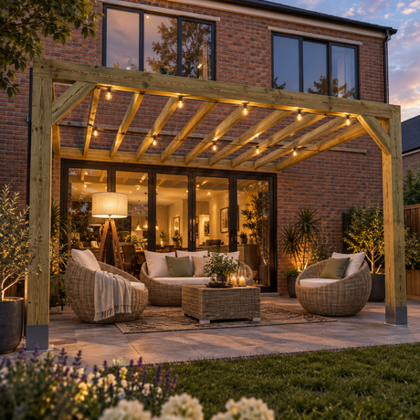 A wooden outdoor patio lean to box pergola with integrated string lights, sheltering a furnished patio area with two wicker armchairs, a sofa, and a coffee table. The scene is set against a brick house at dusk with warm lighting glowing from the interior and around the patio.