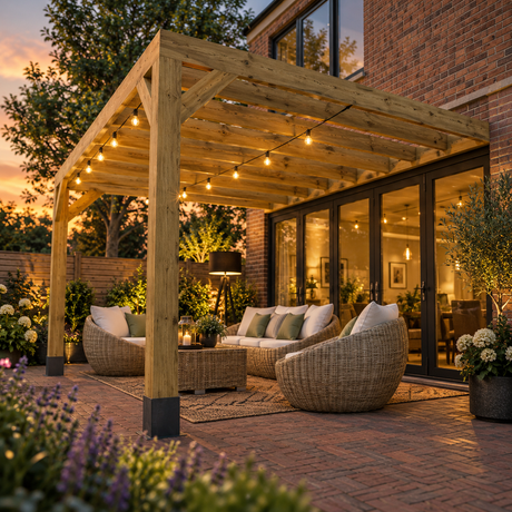 A wooden lean to box pergola with string lights over a patio seating area at dusk, featuring woven wicker armchairs, a sofa, a coffee table, and a brick patio in front of glass patio doors.