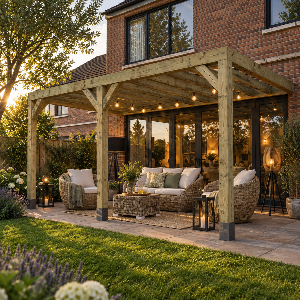 A large wooden lean to box pergola over a paved patio with a wicker sofa, armchairs, coffee table, string lights, and outdoor lanterns, set in a landscaped garden in front of a brick house at dusk.