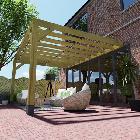 lean-to box pergola providing ample outdoor shade on a bright sunny day