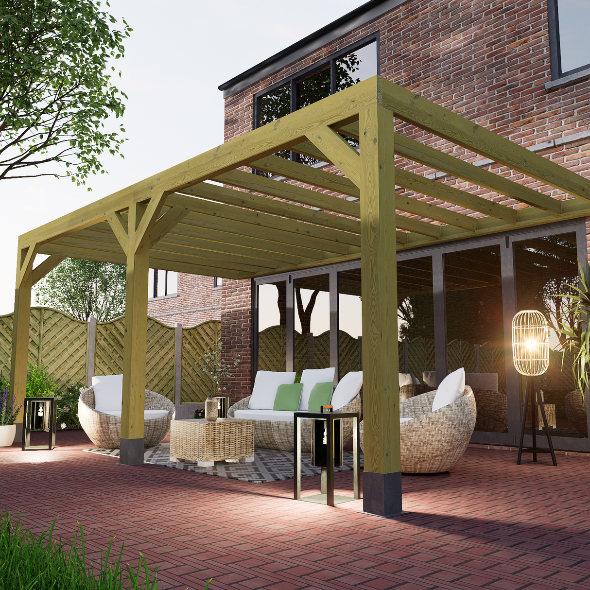 lean to box pergola fixed to rear elevation of detached rural house
