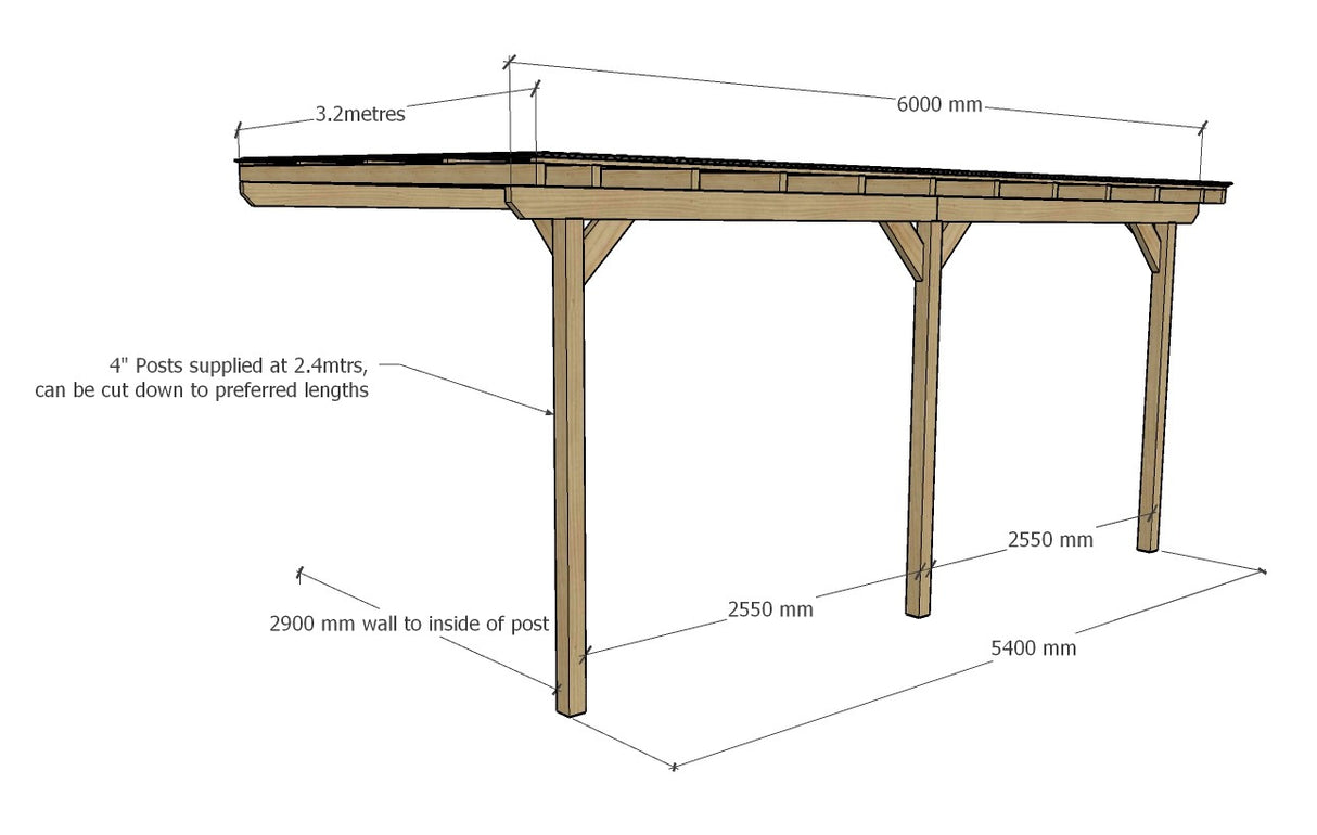 6m x 3m Wooden Lean to Pergola Carport Kit