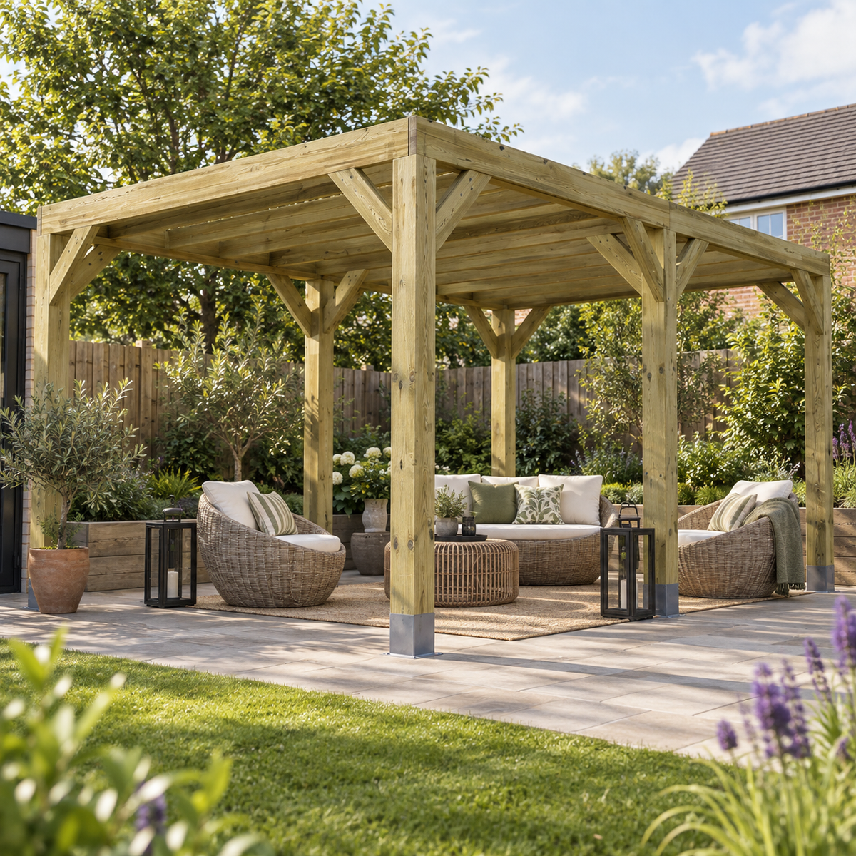 Large wooden box pergola with chuny 150 x 150mm pressure treated posts and frame featuring rattan furniture and rug. UK garden