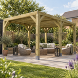 Large wooden box pergola with chuny 150 x 150mm pressure treated posts and frame featuring rattan furniture and rug. UK garden