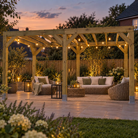 A wooden box pergola with integrated string lights in a UK garden patio setting, featuring outdoor seating including a sofa, armchair, and two chaise lounge chairs with cushions, surrounded by potted plants and a wooden fence at dusk.