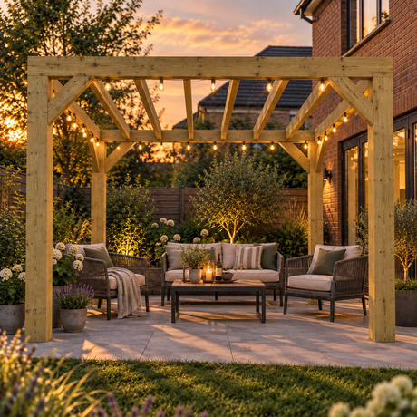 A wooden box pergola with integrated string lights stands over an outdoor patio seating area at dusk, featuring a sofa, two armchairs, and a coffee table in a landscaped garden next to a brick house.