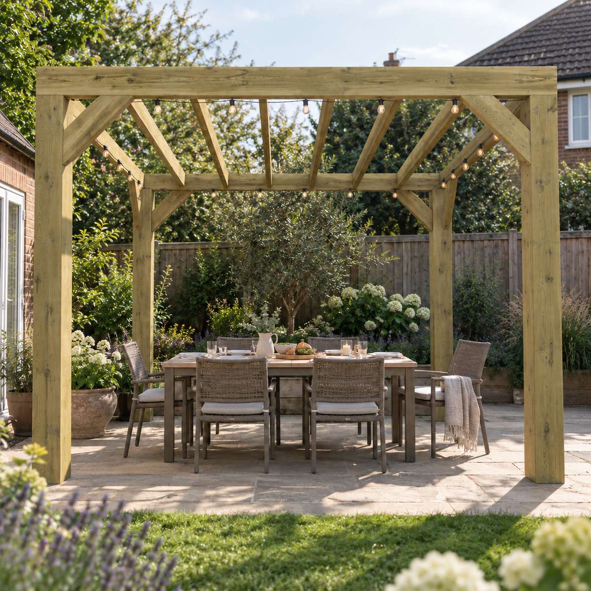 A wooden outdoor box pergola with a dining table and chairs set underneath in a landscaped backyard garden.