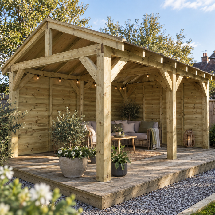 A large wooden garden gazebo and solid side panels with an attached seating area, shown in a landscaped UK Garden. The structure features a pitched roof, side walls, a raised wooden deck, and warm string lights.