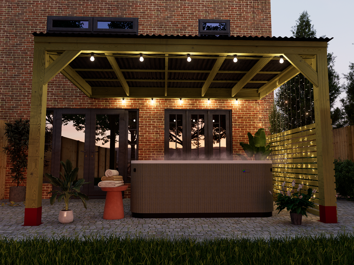 Chunky Wooden Lean to Box Pergola with Black Roof | Wychwood Black