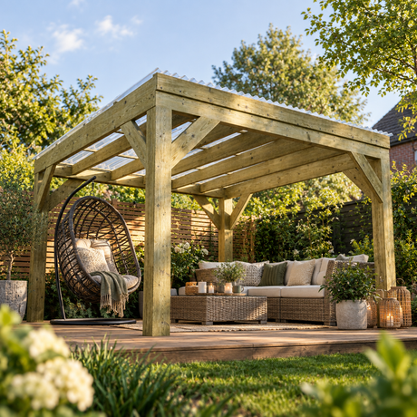 A large wooden pergola with a clear roof over a patio seating area, featuring a hanging egg chair, wicker sofa, and potted plants in a lush UK garden setting.