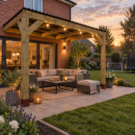 Outdoor patio timber pergola black roof setup in a UK back garden at dusk, featuring a wooden pergola structure with integrated string lights, a sectional outdoor sofa, a coffee table, lanterns, and a brick house in the background.