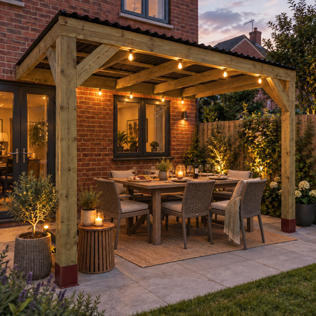 A wooden pergola with black roof integrated string lights shelters a dining set on a patio in a brick backyard at dusk.